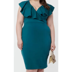 UNIQUE VINTAGE 3X-20 Plus Curvy Teal Green V-Neck Ruffle Wiggle Dress NWT B115